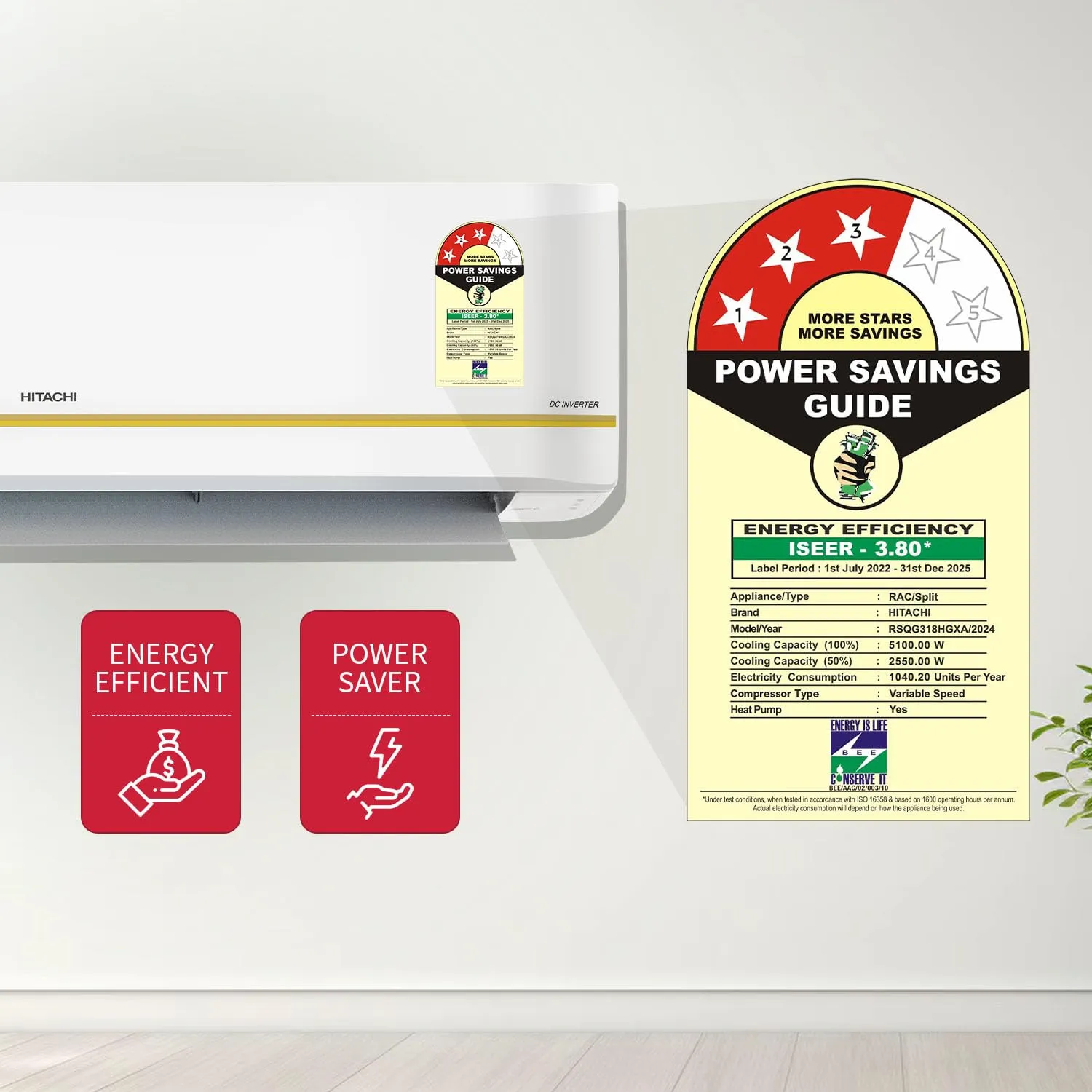 Hitachi RSQG318HGXA 1.5 Ton 3 Star, Hot & Cold Inverter Split AC with Expandable Technology (100% Copper, Dust Filter- 3100HP  White)