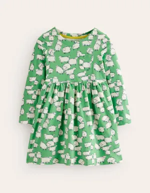 Long Sleeve Fun Jersey Dress-Aloe Green Sheep